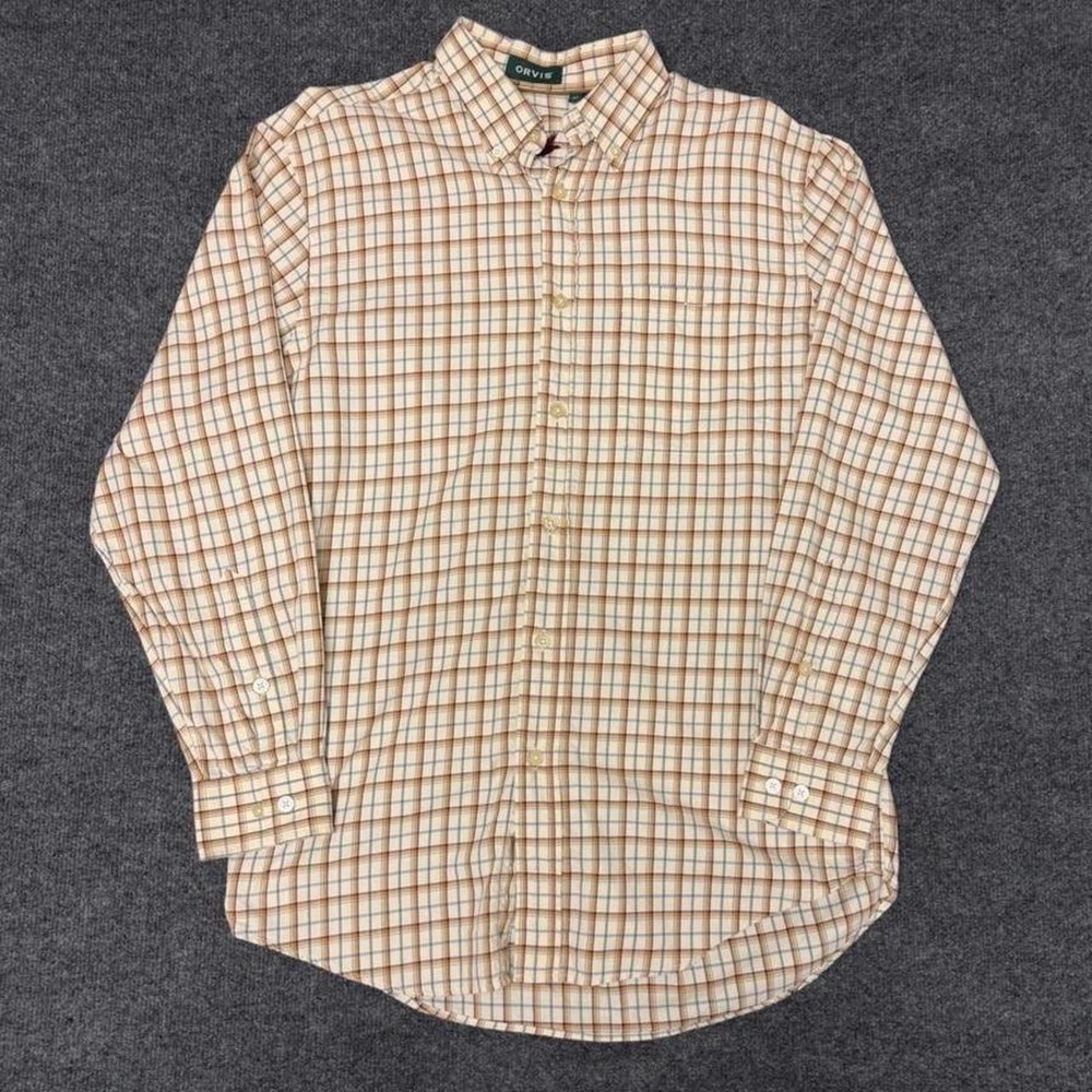 Orvis Mens Plaid Long Sleeve Button Down Shirt Tan Blue Medium